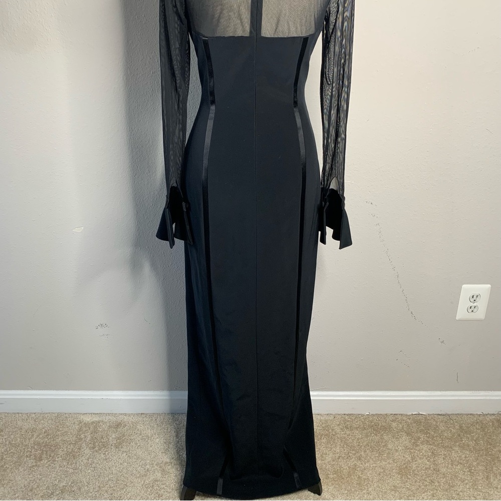 Oleg Cassini Black Sheer Mesh Long Sleeve High Split Maxi Formal Maxi Gown - Picture 12 of 16